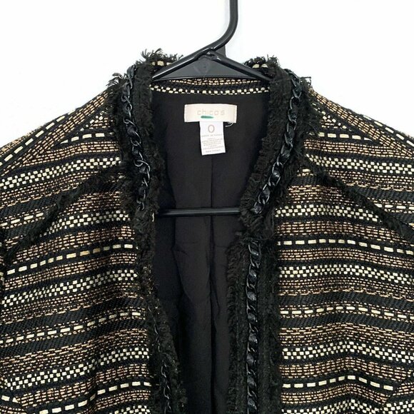 Chicos Jacket Black Gold Metallic Royal Tweed Open Front Chain - Picture 4 of 9